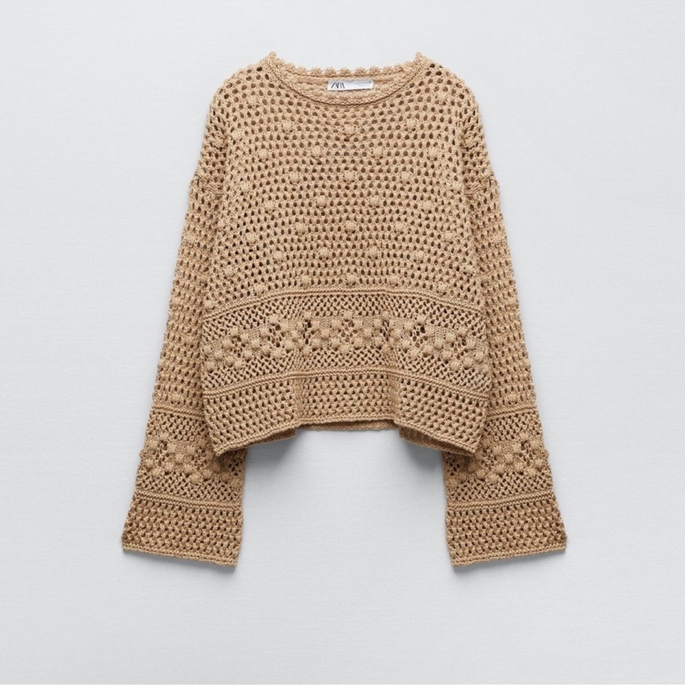 Zara Open Crochet Knit Cropped Sweater Bell Sleeves Tan Size Medium Women’s